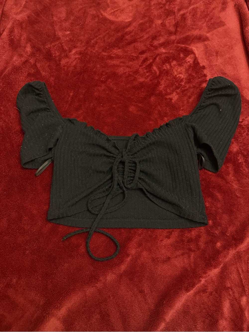 Black Ruched Tie-Front Puff Sleeve Crop Top